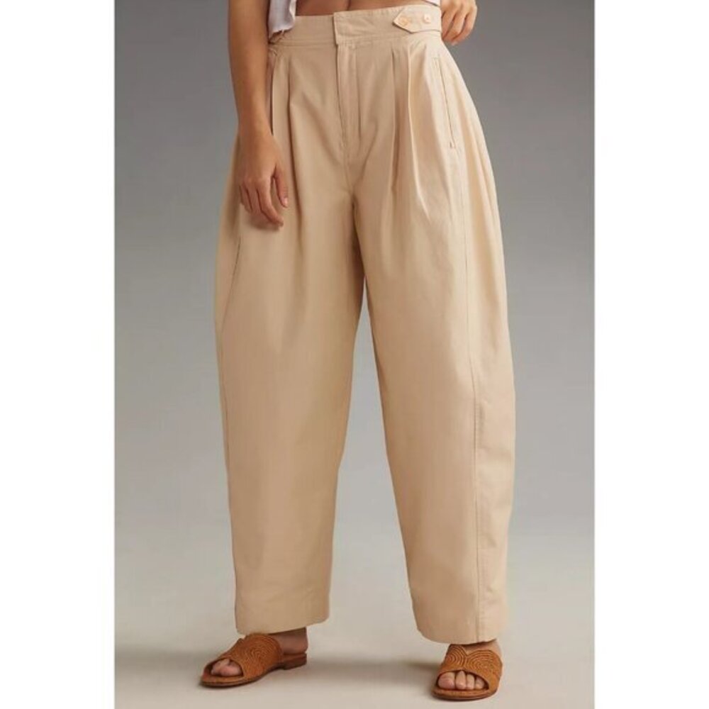 Anthropologie Maeve High Rise Utility Barrel Trouser Pants in Khaki Tan Size 0